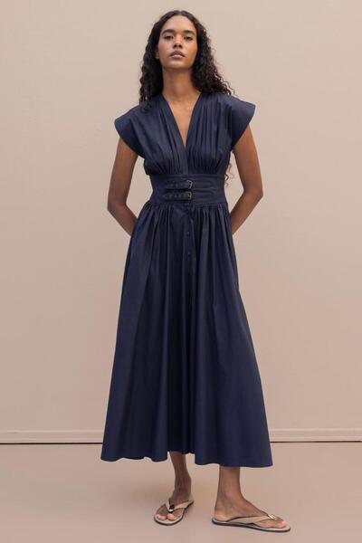 BSL Büzgülü Midi Kloş Elbise