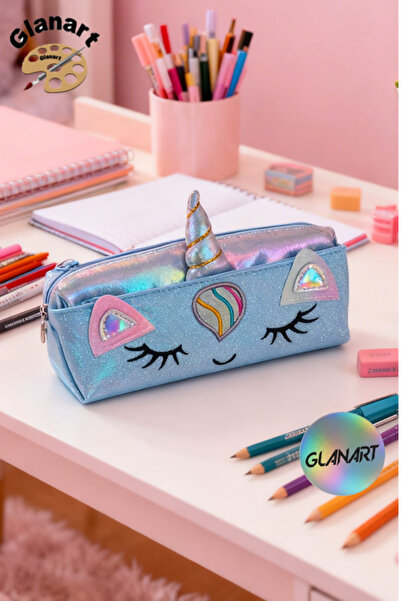 Glanart ithal 2 bölmeli unicorn kalemlik 1 adet a.mavi