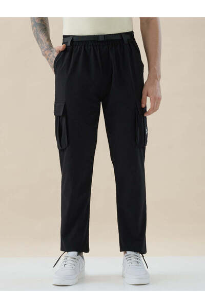 STATUS QUO Solid Black Athleisure Cargo Pants