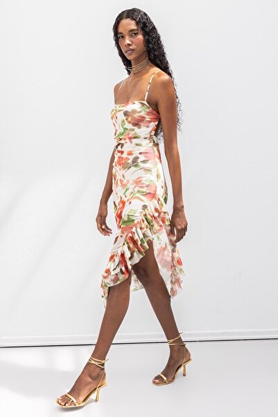 BSL Askılı Fırfır Desenli Midi Elbise