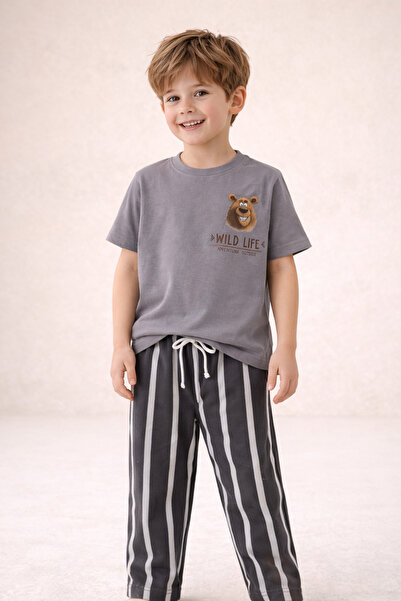 Zekalya Boy's Bear Printed 2-Piece Set Short Sleeve T-Shirt Striped Pants Set...