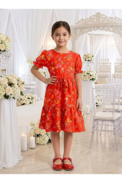 BİGOSSO Kız Çocuk Kısa Kol Çiçekli Doğum Günü Abiye Şık Elbise