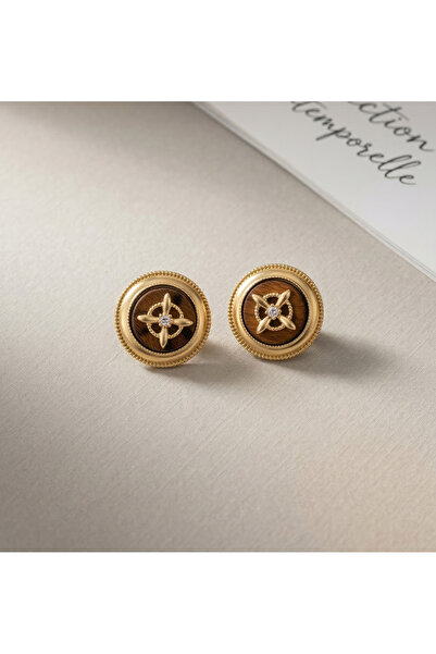 FiveStudio أقراط مطلية بالذهب على شكل عين النمر مع نجمة خشبية بتصميم بسيط