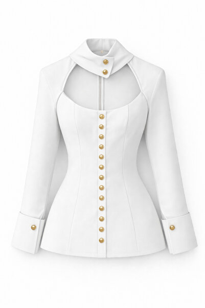 HAZELANNA Bluză albă cu nasturi aurii și detaliu decoltat