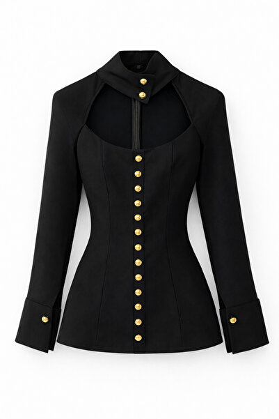 HAZELANNA Black Jacket Blouse with Gold Buttons and Low-Cut Detail