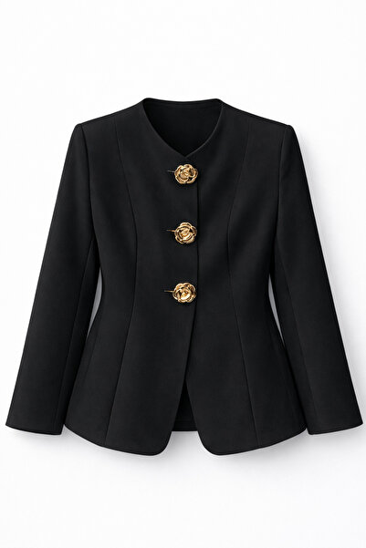 HAZELANNA Waist-Fitted Black Jacket with Gold Rose Buttons