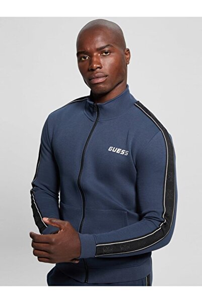 Guess Hanorac albastru pentru bărbați, cu fermoar și logo-uri pe laterale