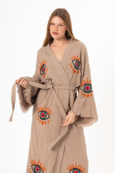 Denizli Kimono %100 Organik Pamuk Ay Göz Desen Baskılı Muslin Kimono Kaftan, ...