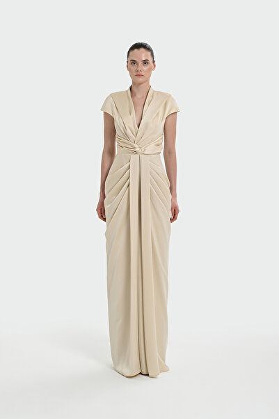 cercis V Yaka Drapeli Bel Detaylı Kısa Kollu Abiye Elbise