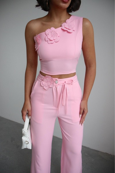 Ded COLLECTION Women's Floral Detailed One-Shoulder Cropped Blouse & High Wai...