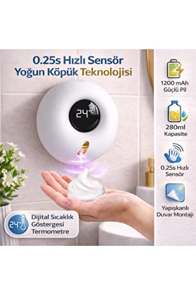 coofbe Duvar Askılı Şarjlı 280ML Otomatik Sensörlü Sabunluk Ve Termometre Ekr...