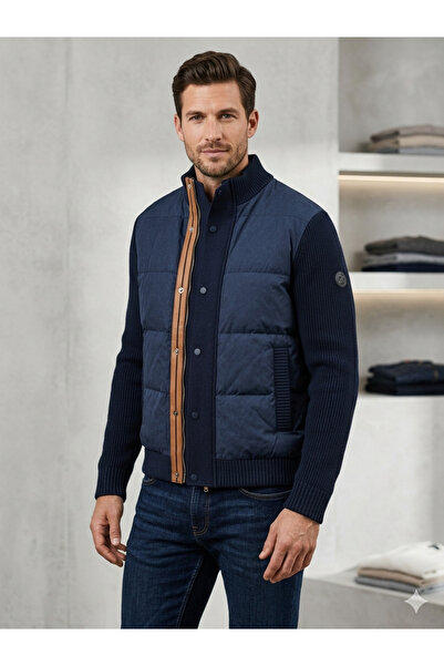 ARDSU Z?Gna Navy Blue Quilted & Knitwear Detailed Men's Coat