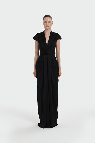 cercis V Yaka Drapeli Bel Detaylı Kısa Kollu Abiye Elbise