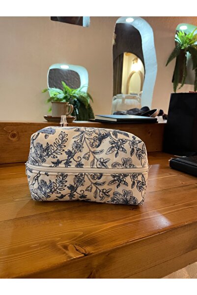 GÖKDAĞ BEDDING Vintage Mavi Desenli Makyaj Çantası – Bez Kozmetik Organizer