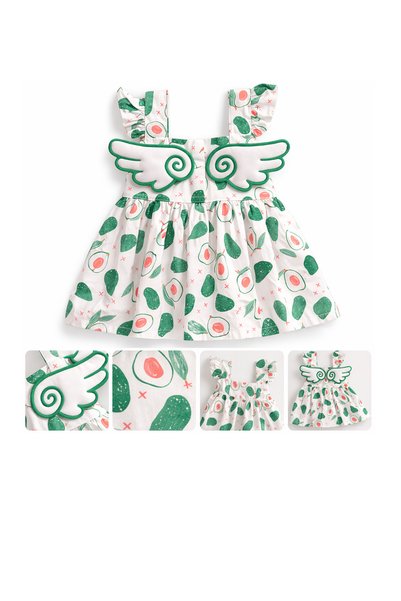 Mika Bebek & Çocuk Avocado Patterned Wing Figured Baby Girl Summer Festive Dress