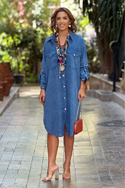 Nevin Kaya Moda Blue Summer Tiril Tiril Slim Denim Dress