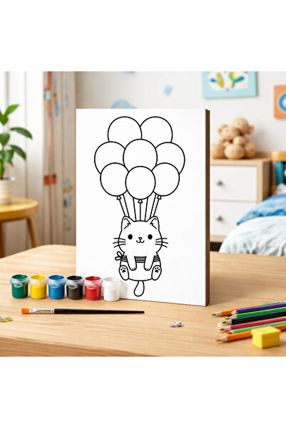 Cemira Balonlu Kedi Boyanabilir Ahşap Tablo Seti -6'lı Akrilik Boya + Fırça- ...