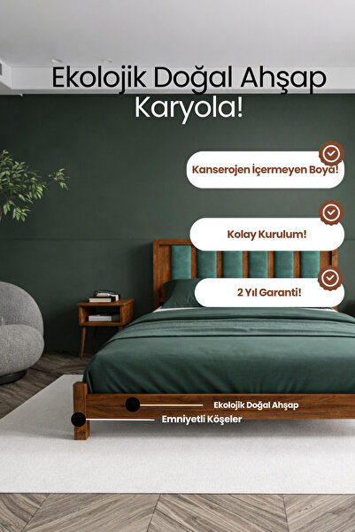 RENAZZO Orion Çağla Yeşili Puflu Başlık Masif Ahşap Karyola- Çağla Yeşili Puf...