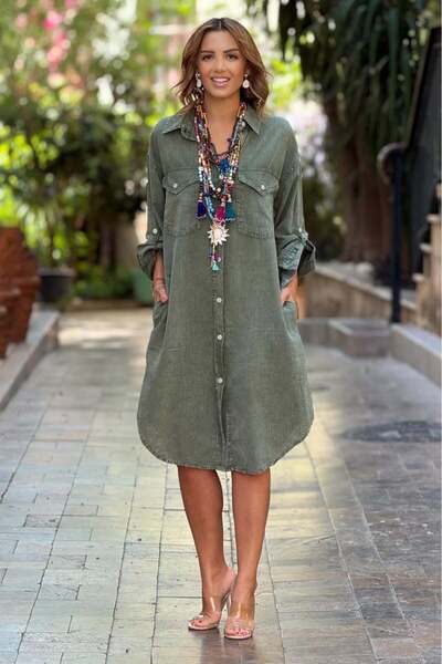 Nevin Kaya Moda Khaki Summer Tiril Tiril Slim Denim Dress