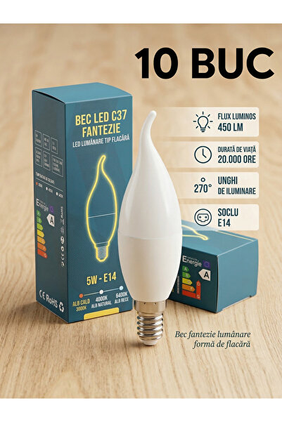 Luxera Lighting 10 BUC Bec LED C37 Fantezie Lumânare Tip Flacără, 5W, Soclu E...