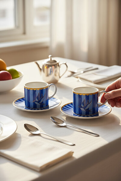 Bereketli Store Piegon 2’li Kahve Fincanı Seti Mavi – Porselen Türk Kahvesi F...