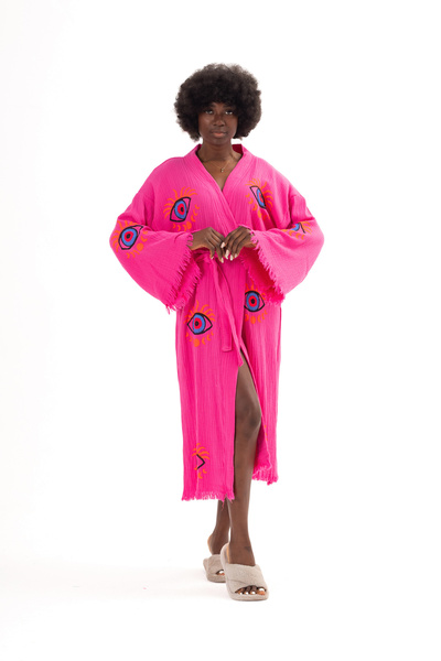 Denizli Kimono 100% Organic Cotton Moon Pattern Printed Muslin Kimono Kaftan, Dressing Gown