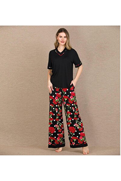 Lady Lingerie Short Sleeve Floral Print V-Neck Women's Pajama Set