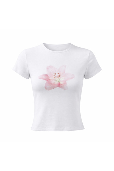 Violon Pink Lily Flower Printed White T-Shirt