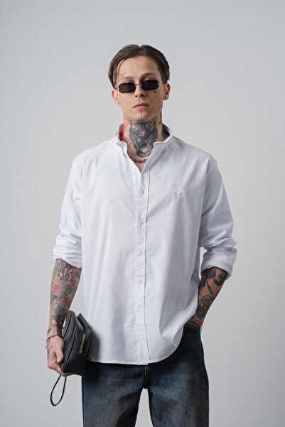 Respire Men's Arma Embroidered Long Sleeve Oversized Shirt White