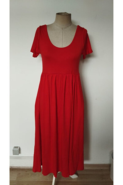 AHEN Women's Short Sleeve Round Neck Front Slit Pocket Viscose Long Dress