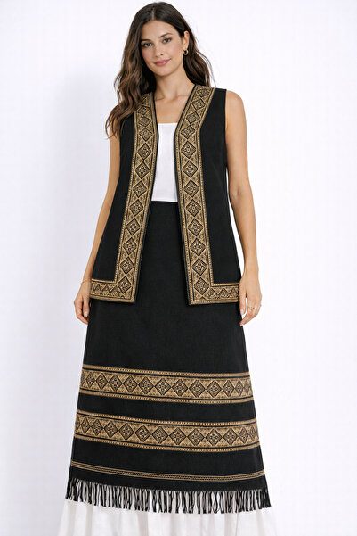 Nobrand Vestă Tradițională Românească + Fotă Neagră cu Broderie Aurie, Costum...