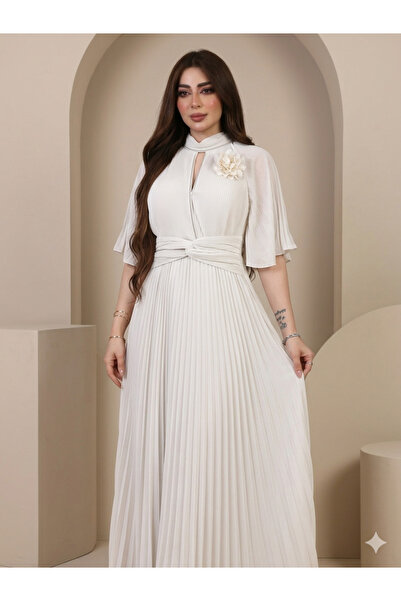 ٌRominz fashion فستان ناعم كسرات بليسيه مع وردة كتف - إطلالة العيد والمناسبات