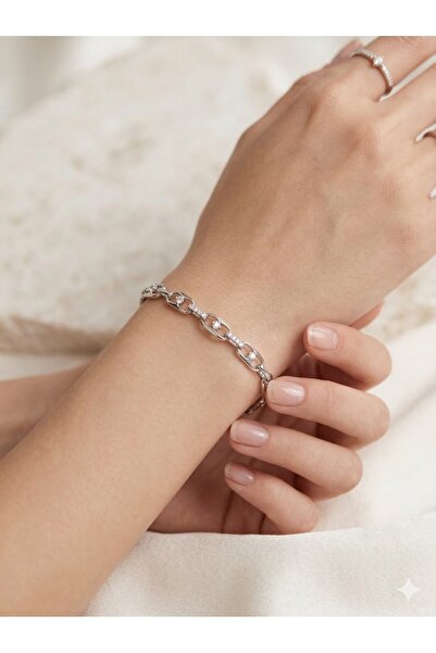 ESRADA 3S Steel Single Stone Detailed Oval Ring Luxury Bracelet