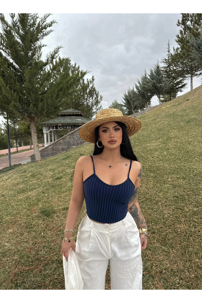 kırmızı butiks Μπουστιέρα με ρίγες σε μπλε ναυτικό χρώμα με λουράκια από κορδ...