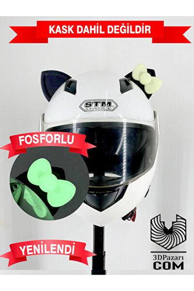 Butik Motor & Motosiklet Fosforlu (Yeşil) Fiyonklu Siyah Kedi Kulak Kask Dış ...