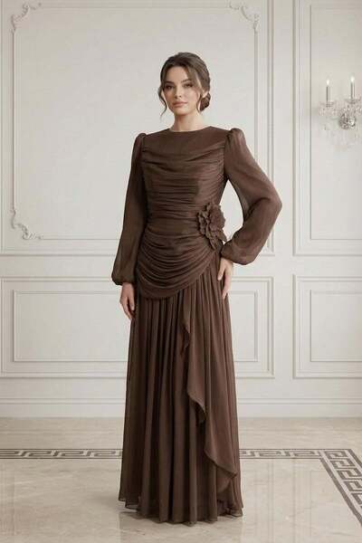 hakimoda فستان سهرة من الشيفون اللامع من أديلين باللون البني