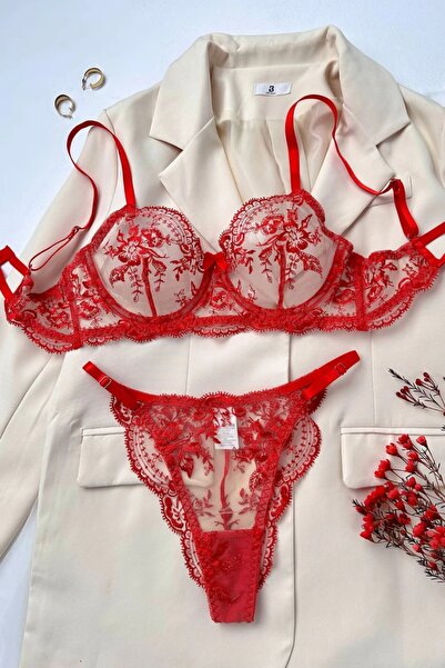 Trendyup Set lenjerie intimă din dantelă moale brodată, 2 piese, transparent