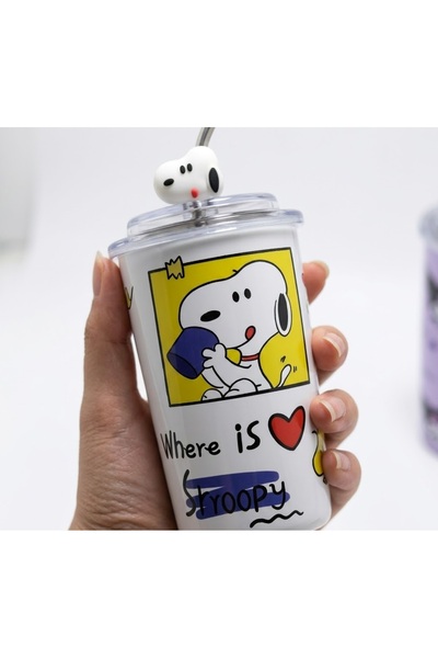 Kuzey Tacı Karakter Figürlü Kapaklı ve Metal Pipetli İçecek Bardağı Snoopy, H...