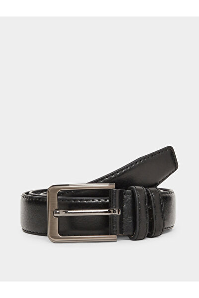 Styli Black Faux Leather Square Buckle Belt