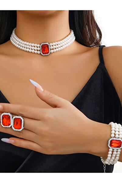 Take Two By Styli 3-Piece Square Rhinestone Drop Faux Pearl Layered Necklace,...