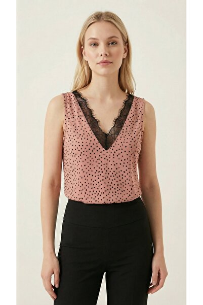 peralist Women's Powder Polka Dot Printed V-Neck Lace Detailed Sleeveless San...