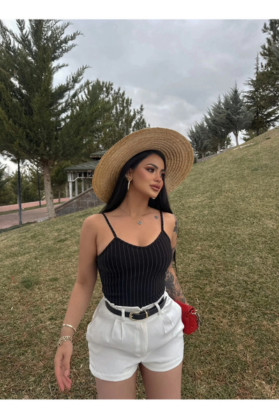 kırmızı butiks Μαύρο ριγέ μπουστάκι με λουράκια από κορδόνια