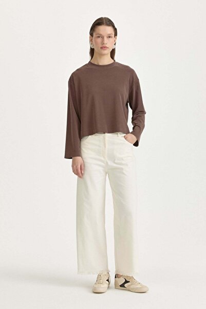 Nihan Uzun Kollu Crop Basic T-Shirt Kahve