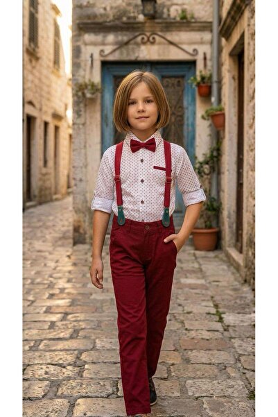 Esterella Square Patterned Boy's Suit / Slopet Strap and Bow Tie / Shirt Pant...