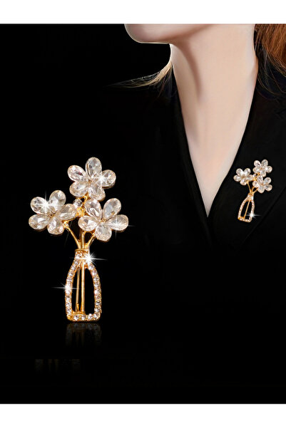 Take Two By Styli بروش على شكل مزهرية زهور ذهبية