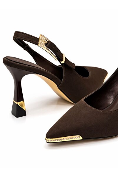 Ajax Kahverengi Taş Uç Detaylı Kadın Topuklu 7 Cm Ayakkabı Zarif Sivri Burun