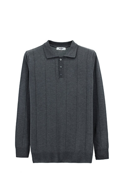 Kiğılı Polo Yaka Düğmeli Regular Fit Çizgili Triko Kazak