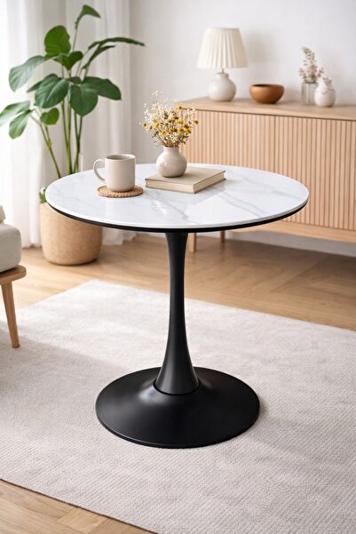 N.zone Modern round cafe table with a marble-effect ceramic top and elegant i...