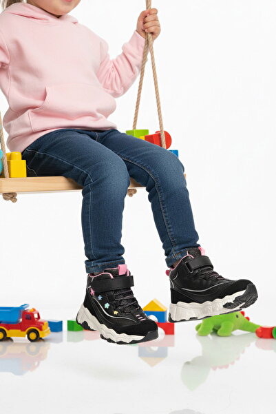 Cool Black Velcro Patterned Girl's Hi Sneakers