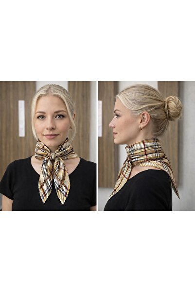 PİNO AKSESUAR Pileli renkli saten ipek fular bandana 110*75 cm
